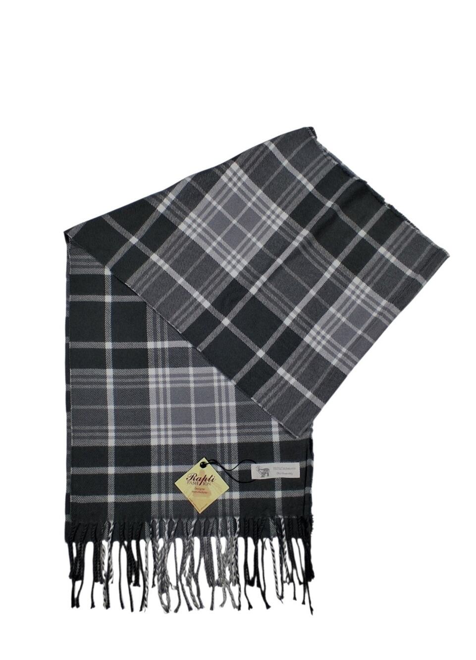 Rapti Fashion 100% Cashmere Scarf Gray Black Plaid Fringe NWT 66x13 So Soft!